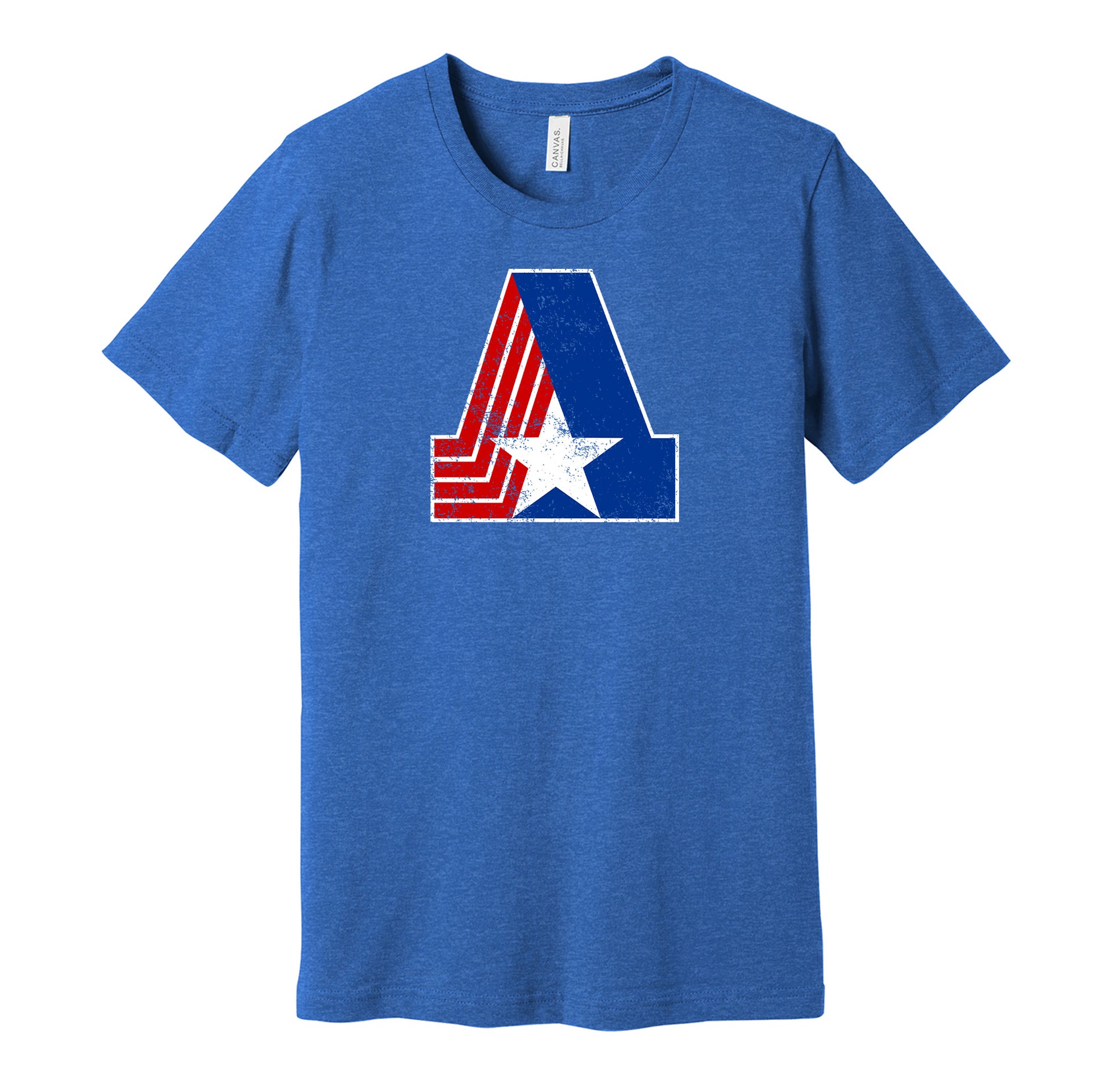Birmingham Americans vintage distressed logo blue t-shirt featuring the classic 1970s WFL football team logo in a retro worn style by Hyper Than Hype Shirts.