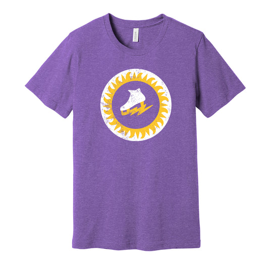 New York Golden Blades vintage distressed logo purple t-shirt featuring the classic 1970s WHA hockey team logo in a retro worn style by Hyper Than Hype Shirts.