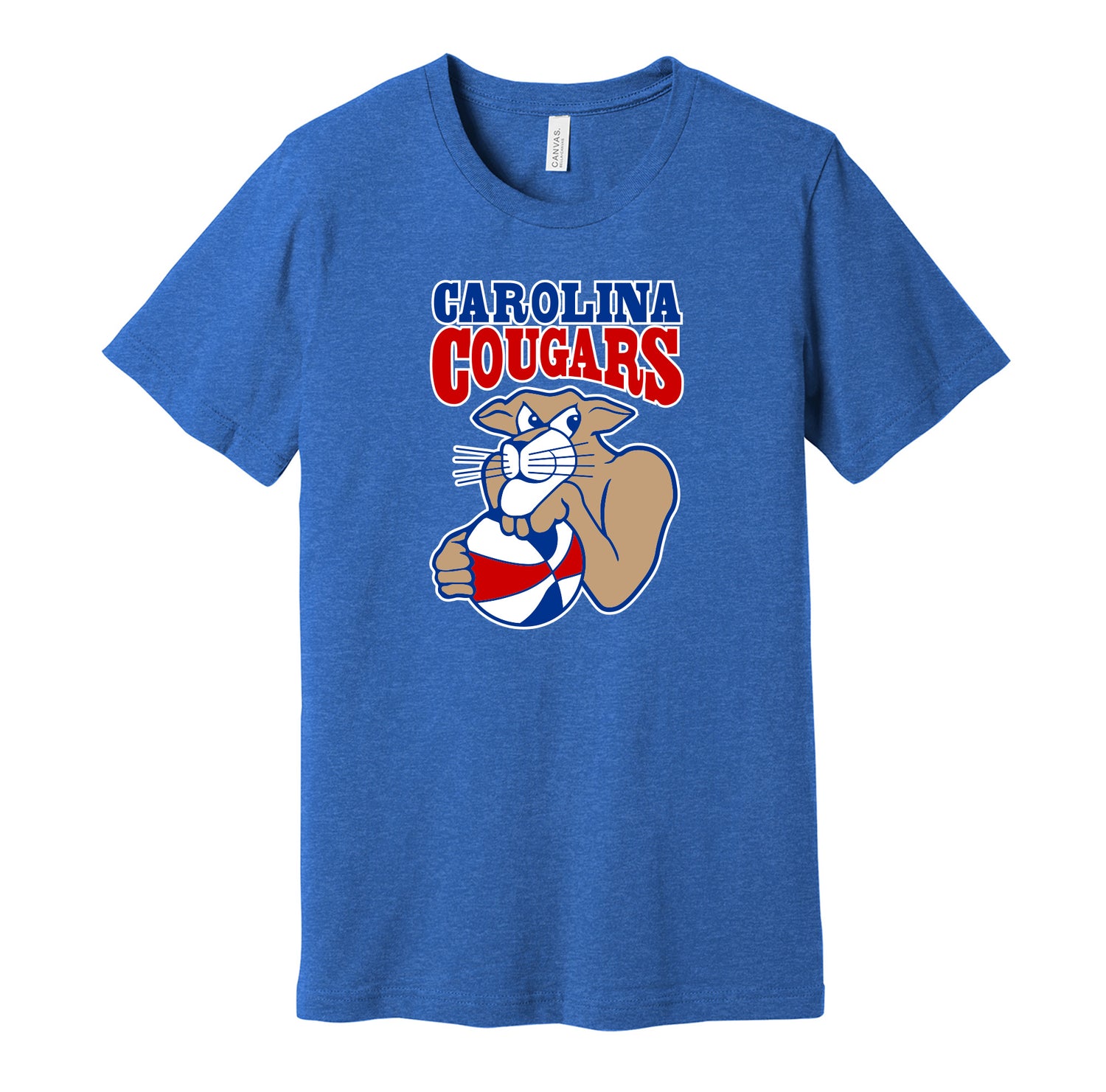 Carolina Cougars vintage distressed logo blue t-shirt featuring the classic ABA basketball team logo in a retro worn style by Hyper Than Hype Shirts.