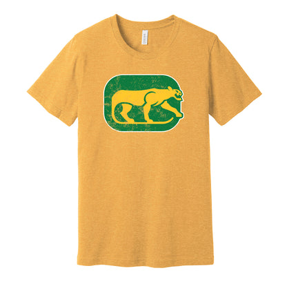 Chicago Cougars vintage distressed logo gold t-shirt featuring the classic 1970s WHA hockey team logo in a retro worn style by Hyper Than Hype Shirts.