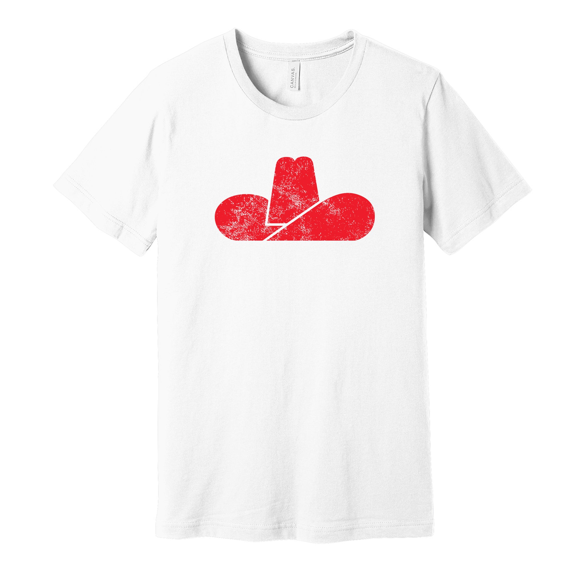 Calgary Cowboys vintage distressed logo white t-shirt featuring the classic WHA hockey team logo in a retro worn style by Hyper Than Hype Shirts.