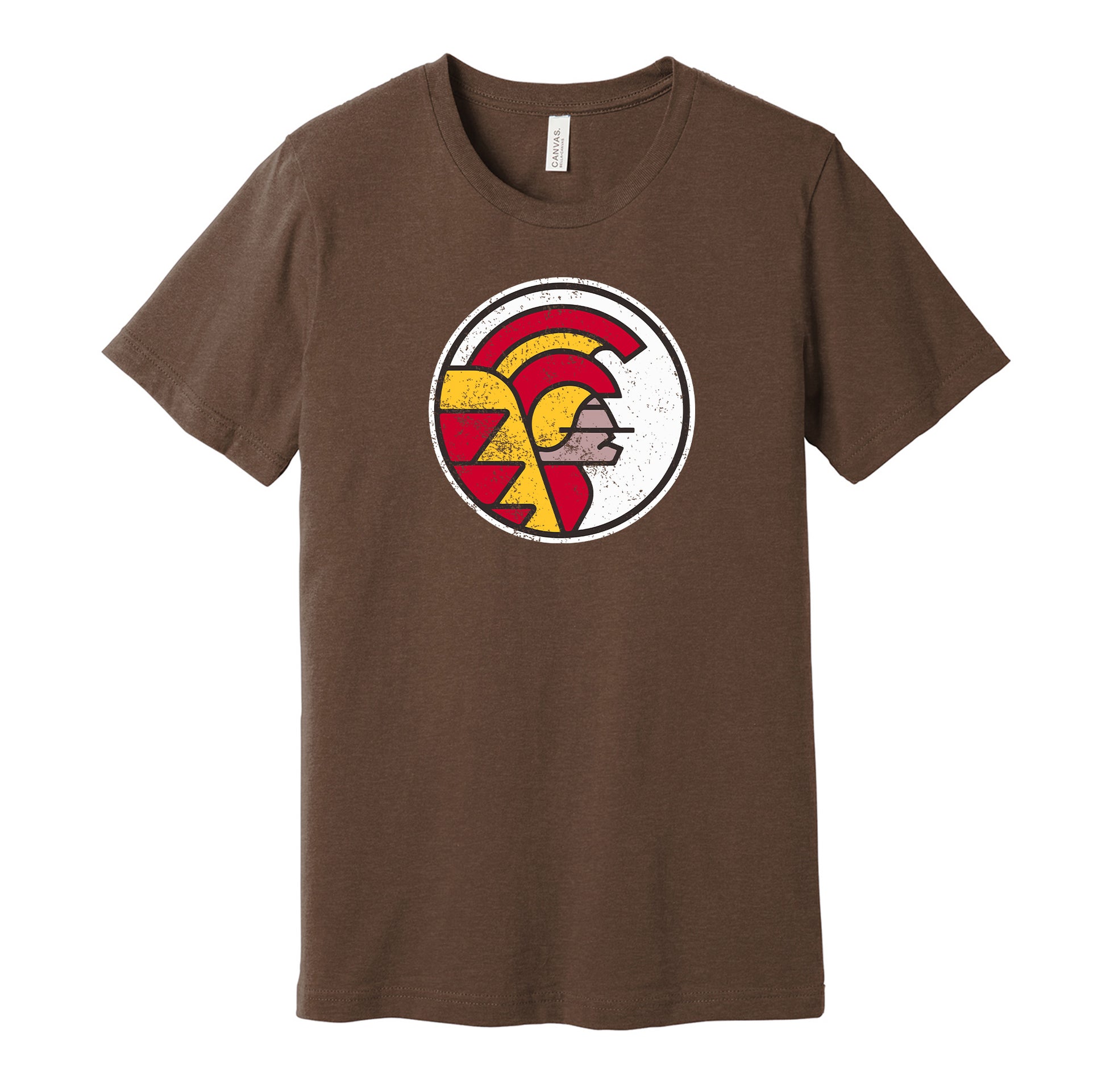The Hawaiians vintage distressed logo brown t-shirt featuring the classic 1970s WFL football team logo in a retro worn style by Hyper Than Hype Shirts.