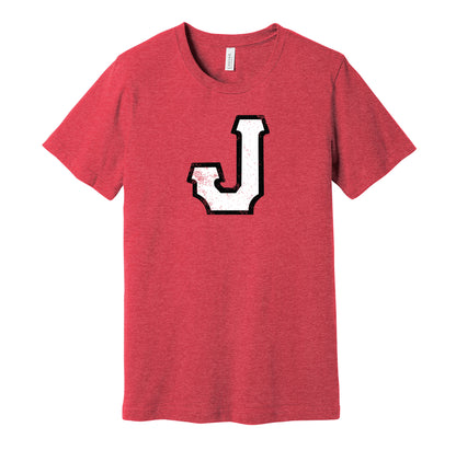 Jacksonville Red Caps vintage distressed J logo red t-shirt featuring the classic Negro League baseball team logo in a retro worn style by Hyper Than Hype Shirts.