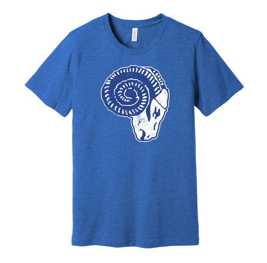 Cleveland Rams vintage distressed logo blue t-shirt featuring the classic 1930s NFL football team logo in a retro worn style by Hyper Than Hype Shirts.