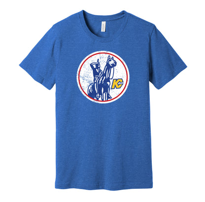 Kansas City Scouts vintage distressed logo blue t-shirt featuring the classic 1970s NHL hockey team logo in a retro worn style by Hyper Than Hype Shirts.