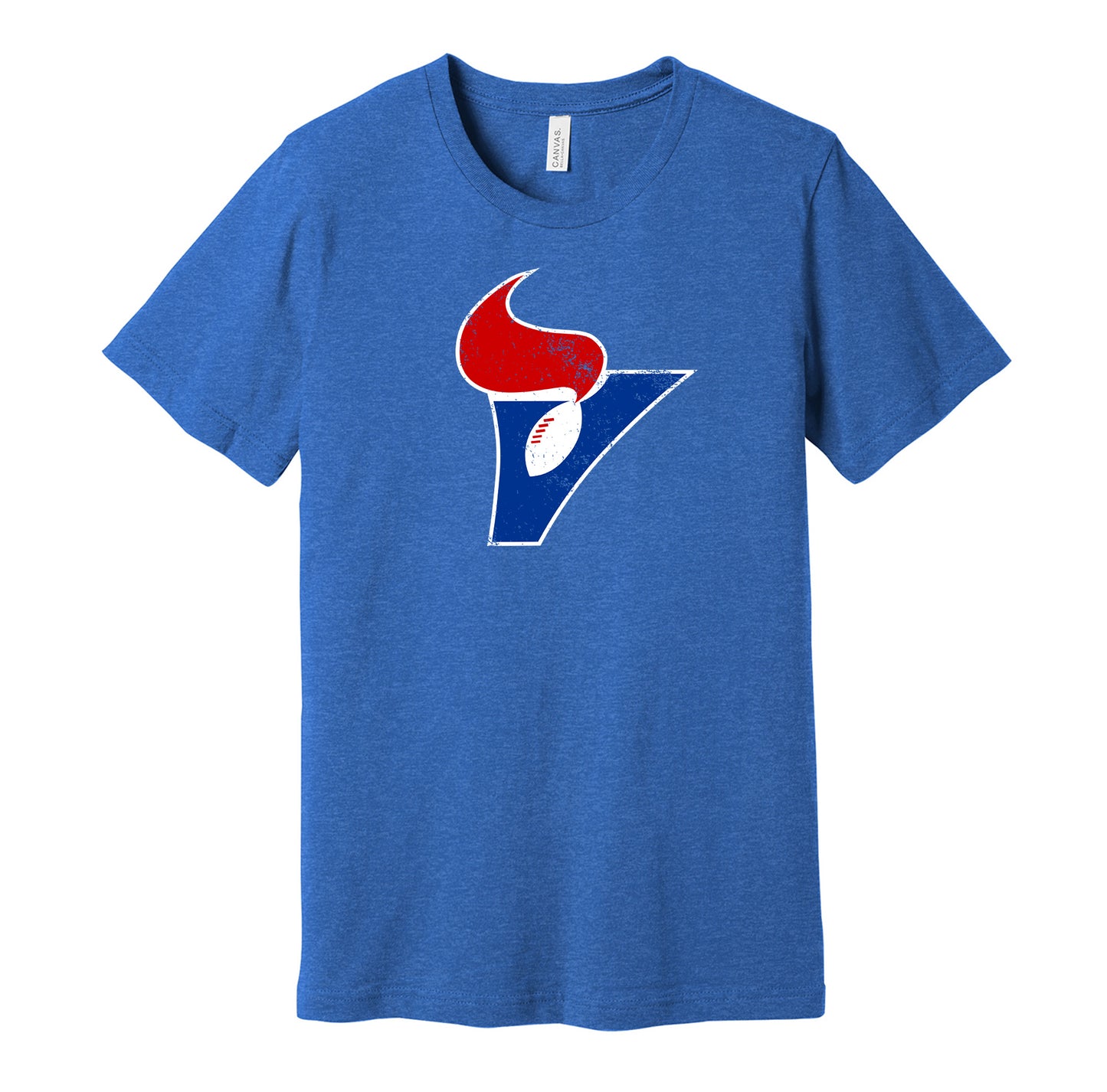 Birmingham Vulcans vintage distressed logo blue t-shirt featuring the classic 1970s WFL football team logo in a retro worn style by Hyper Than Hype Shirts.