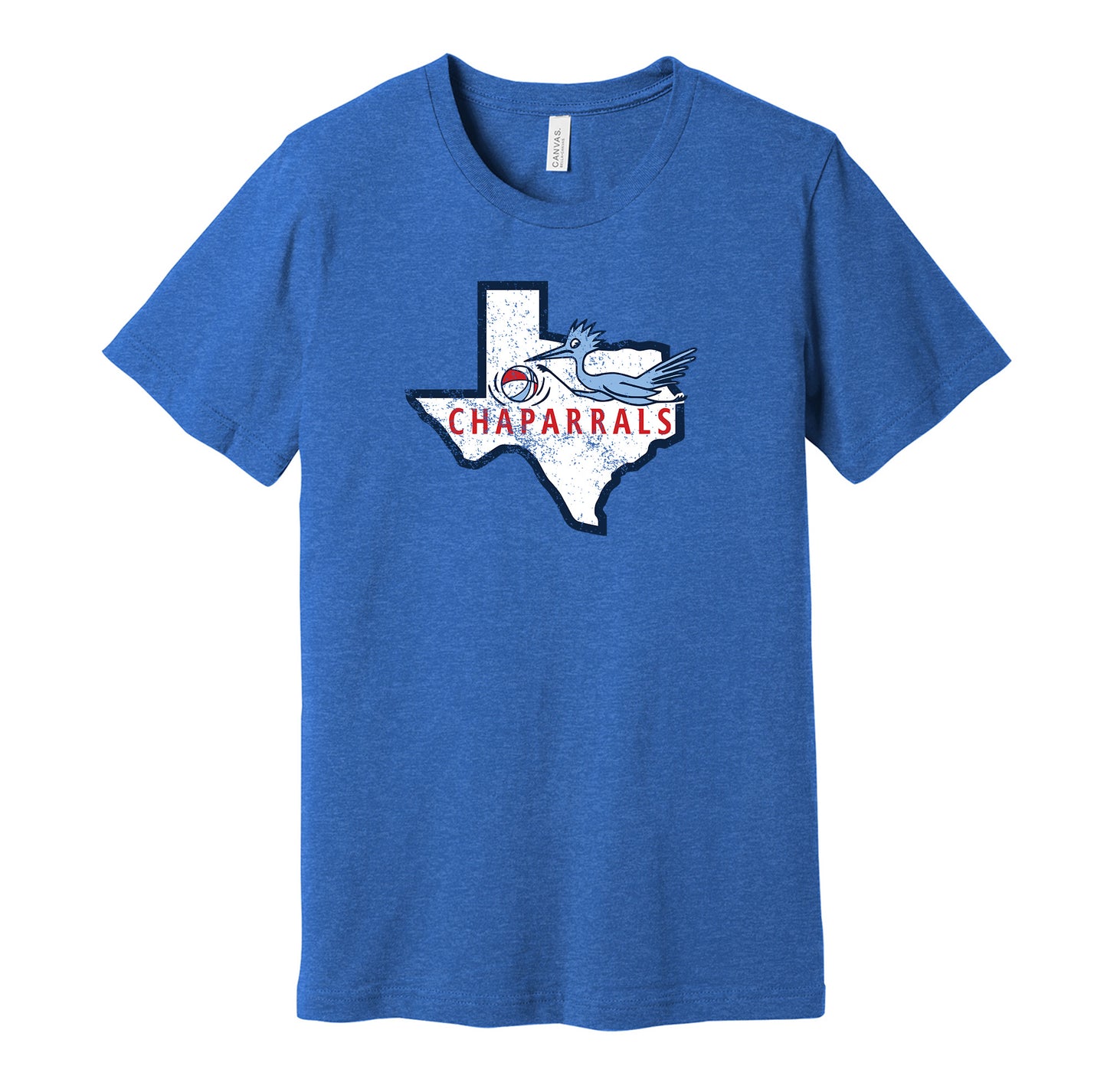 Dallas Chaparrals vintage distressed logo blue t-shirt featuring the classic ABA basketball team logo in a retro worn style by Hyper Than Hype Shirts.