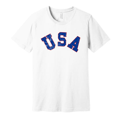 Team USA Hockey vintage distressed logo white t-shirt featuring the classic 1980s American Olympic hockey team logo in a retro worn style by Hyper Than Hype Shirts.