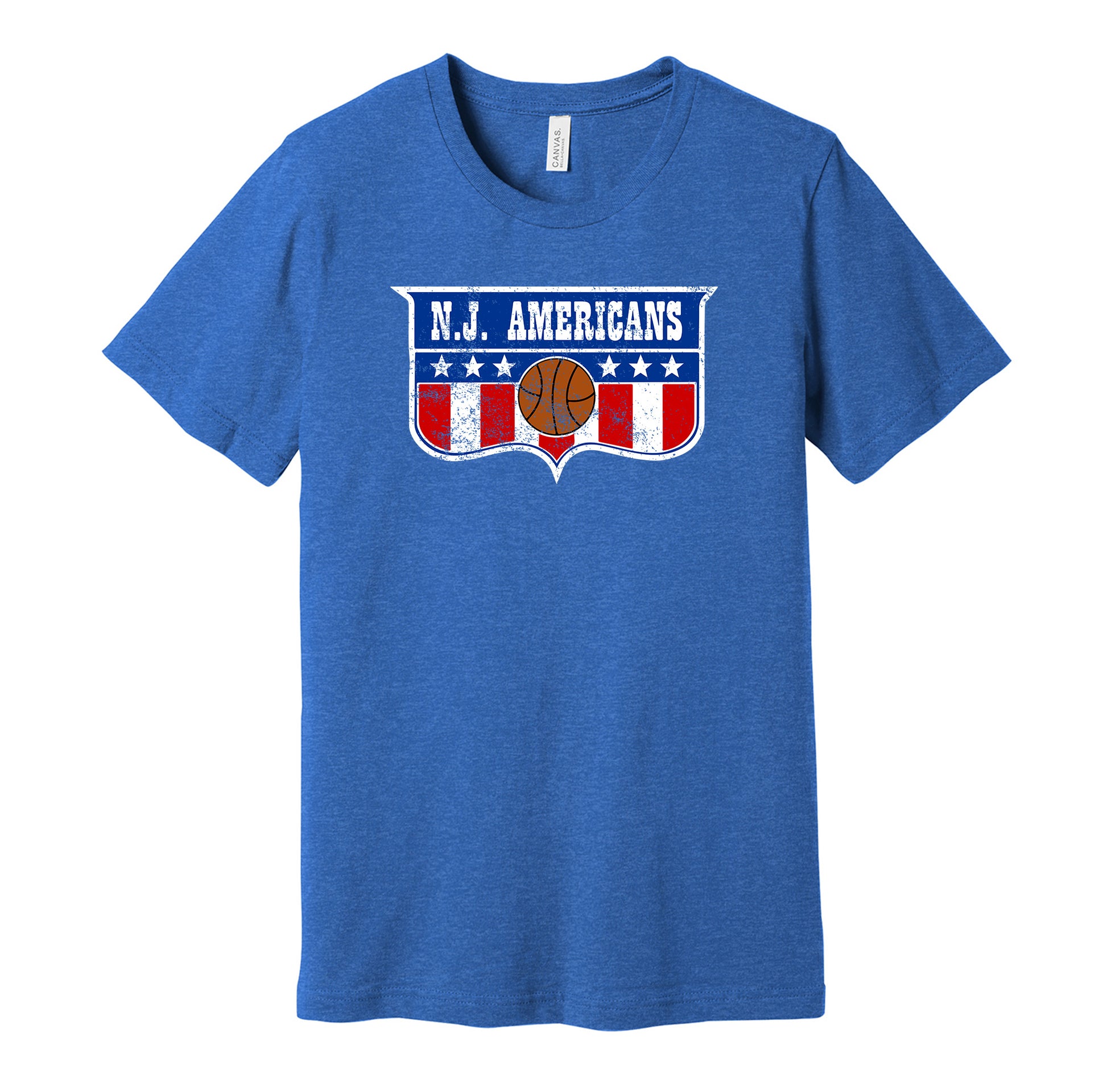 New Jersey Americans vintage distressed logo blue t-shirt featuring the classic ABA basketball team logo in a retro worn style by Hyper Than Hype Shirts.
