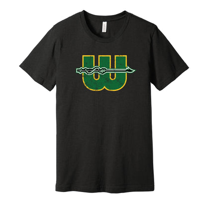 New England Whalers vintage distressed logo black t-shirt featuring the classic WHA hockey team logo in a retro worn style by Hyper Than Hype Shirts.