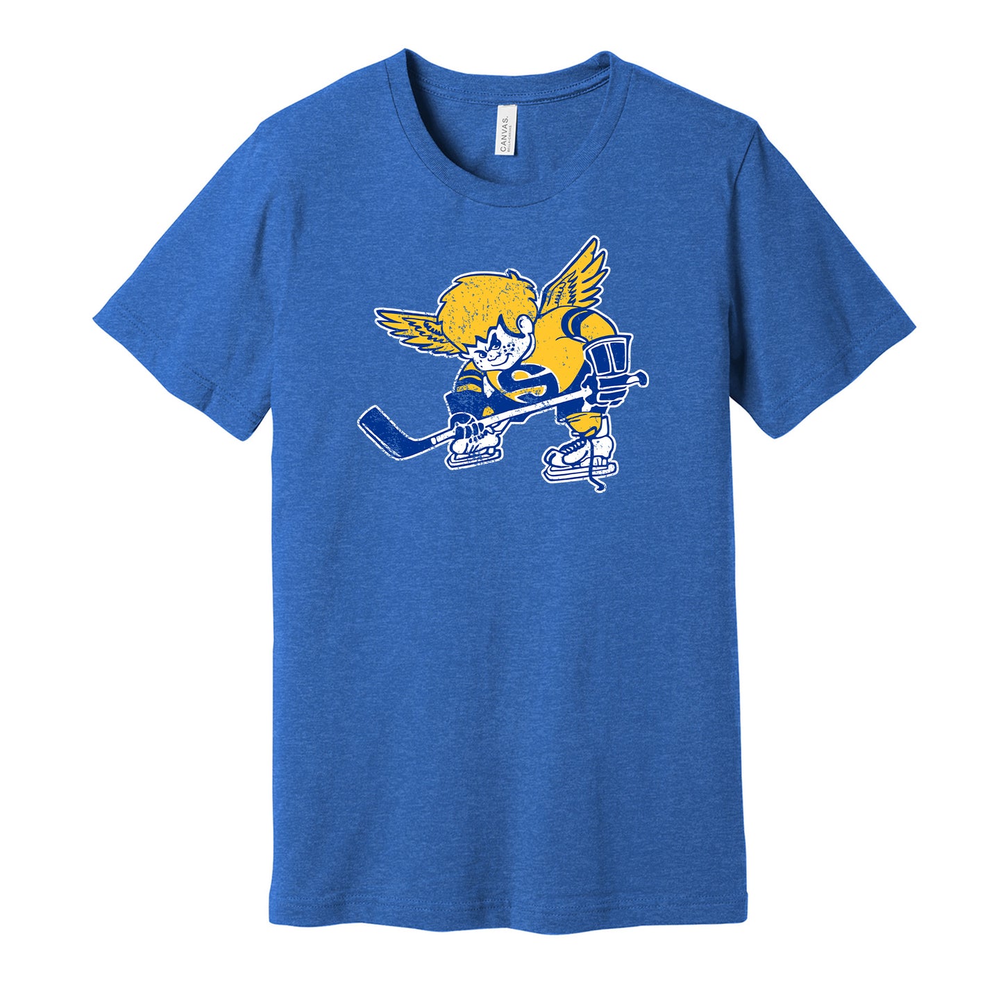 Minnesota Fighting Saints vintage distressed logo blue t-shirt featuring the classic 1970s WHA hockey team cartoon logo in a retro worn style by Hyper Than Hype Shirts.