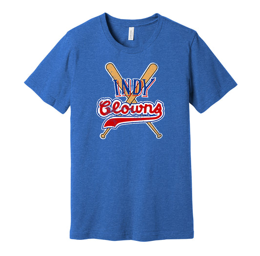 Indianapolis Clowns vintage distressed logo blue t-shirt featuring the classic Negro League baseball team logo in a retro worn style by Hyper Than Hype Shirts.