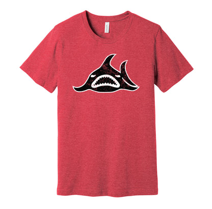 Los Angeles Sharks vintage distressed logo red t-shirt featuring the classic 1970s WHA hockey team logo in a retro worn style by Hyper Than Hype Shirts.