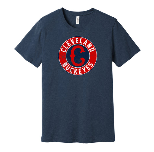 Cleveland Buckeyes vintage distressed logo navy t-shirt featuring the classic Negro League baseball team logo in a retro worn style by Hyper Than Hype Shirts.