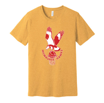 Milwaukee Hawks vintage distressed logo gold t-shirt featuring the classic 1950s NBA basketball team logo in a retro worn style by Hyper Than Hype Shirts.
