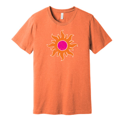 Southern California Sun vintage distressed logo orange t-shirt featuring the classic WFL football team logo in a retro worn style by Hyper Than Hype Shirts.
