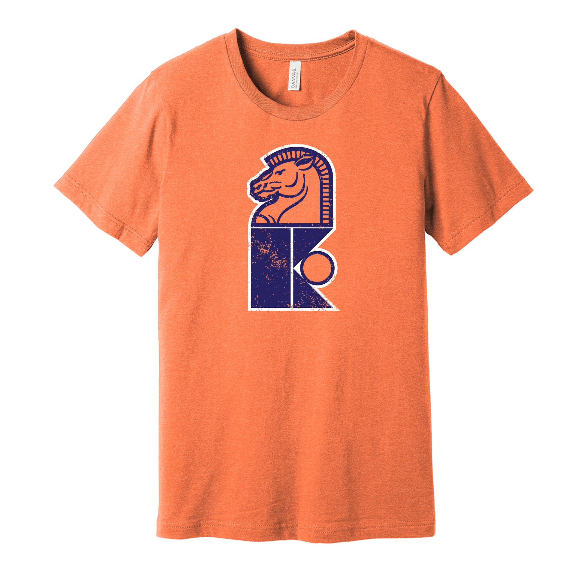 New Jersey Knights vintage distressed logo orange t-shirt featuring the classic 1970s WHA hockey team logo in a retro worn style by Hyper Than Hype Shirts.