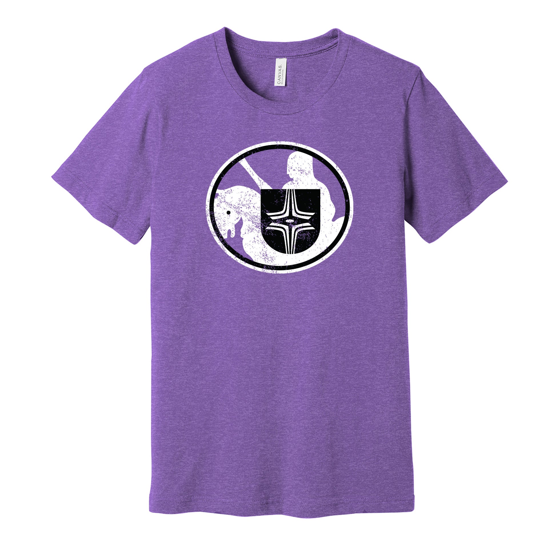 Cleveland Crusaders vintage distressed logo purple t-shirt featuring the classic 1970s WHA hockey team logo in a retro worn style by Hyper Than Hype Shirts.