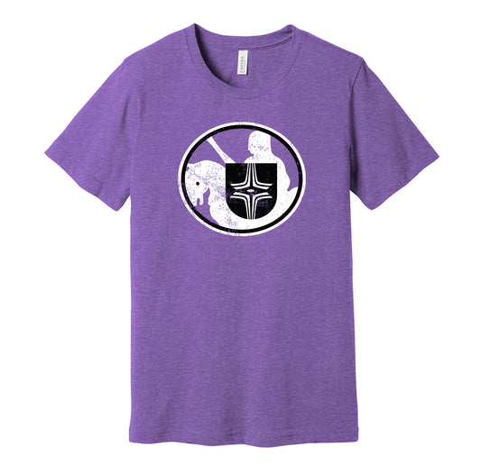 Cleveland Crusaders vintage distressed logo purple t-shirt featuring the classic 1970s WHA hockey team logo in a retro worn style by Hyper Than Hype Shirts.