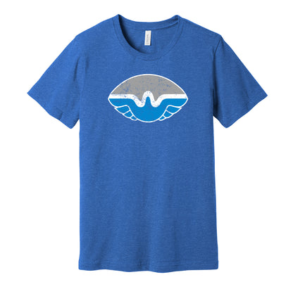 San Antonio Wings vintage distressed logo blue t-shirt featuring the classic 1970s WFL football team logo in a retro worn style by Hyper Than Hype Shirts.