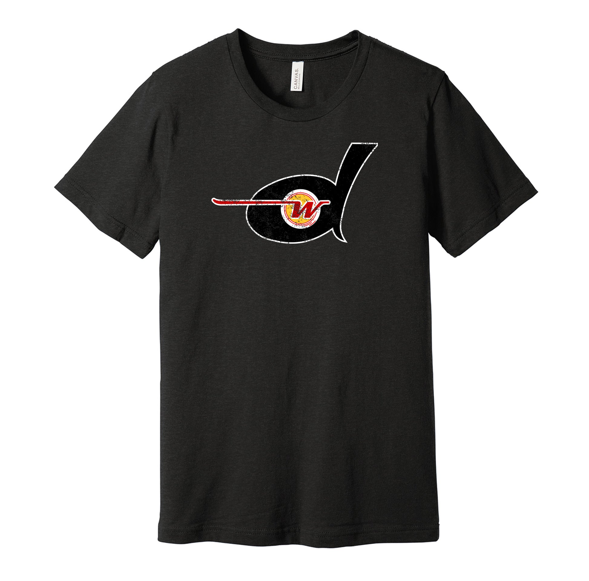 Detroit Wheels vintage distressed logo black t-shirt featuring the classic 1970s WFL football team logo in a retro worn style by Hyper Than Hype Shirts.