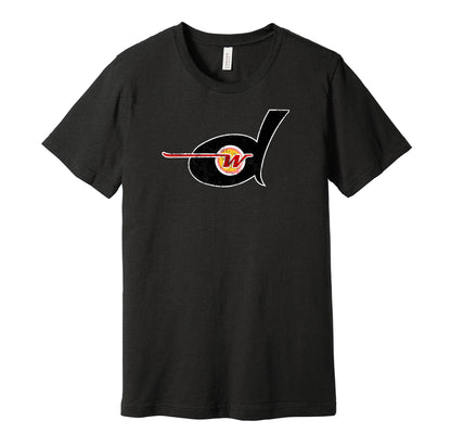 Detroit Wheels vintage distressed logo black t-shirt featuring the classic 1970s WFL football team logo in a retro worn style by Hyper Than Hype Shirts.