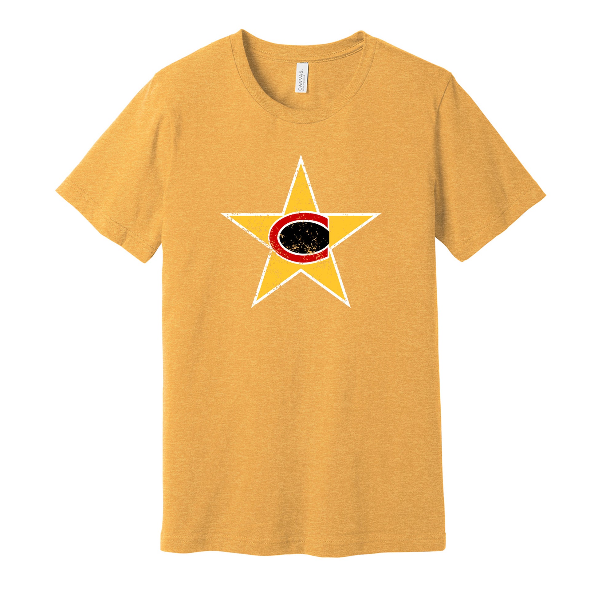 Charlotte Stars vintage distressed logo gold t-shirt featuring the classic 1970s WFL football team logo in a retro worn style by Hyper Than Hype Shirts.