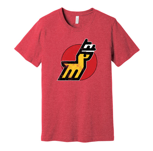Michigan Stags vintage distressed logo red t-shirt featuring the classic WHA hockey team logo in a retro worn style by Hyper Than Hype Shirts.