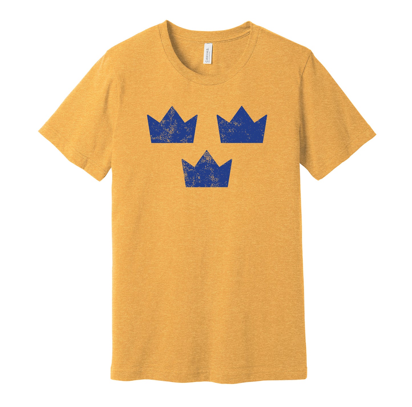 Team Sweden vintage distressed logo yellow t-shirt featuring the classic Tre Kronor hockey crest in a retro worn style by Hyper Than Hype Shirts.