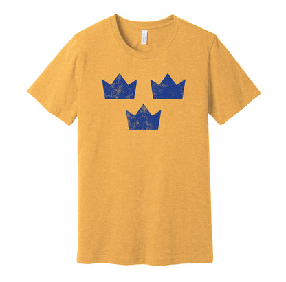 Team Sweden vintage distressed logo yellow t-shirt featuring the classic Tre Kronor hockey crest in a retro worn style by Hyper Than Hype Shirts.