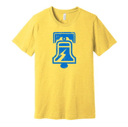 Philadelphia Bell vintage distressed logo yellow t-shirt featuring the classic 1970s WFL football team logo in a retro worn style by Hyper Than Hype Shirts.