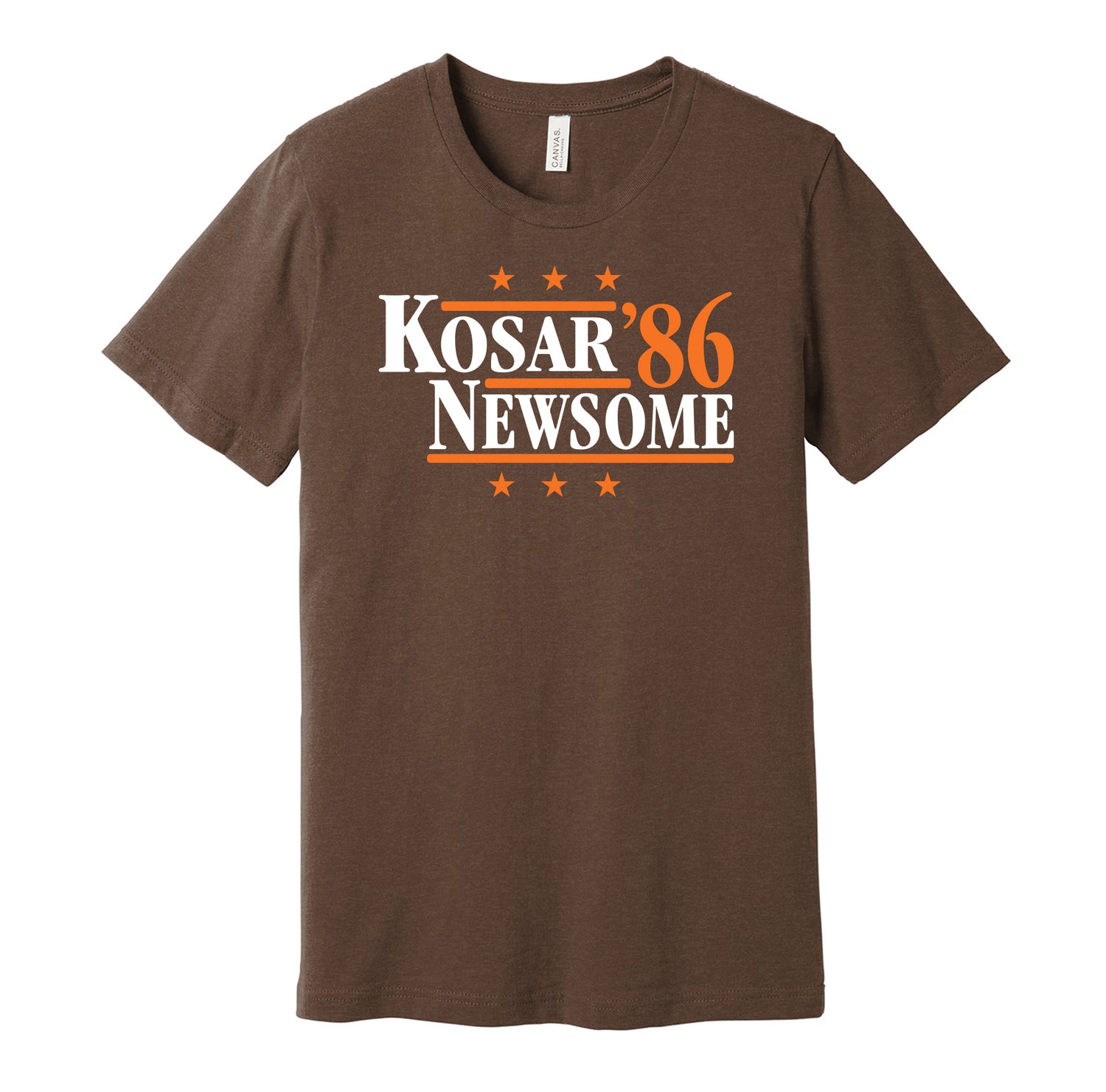 Cleveland Browns retro political campaign parody brown t-shirt featuring Bernie Kosar and Ozzie Newsome '86, designed in a vintage election style by Hyper Than Hype Shirts.