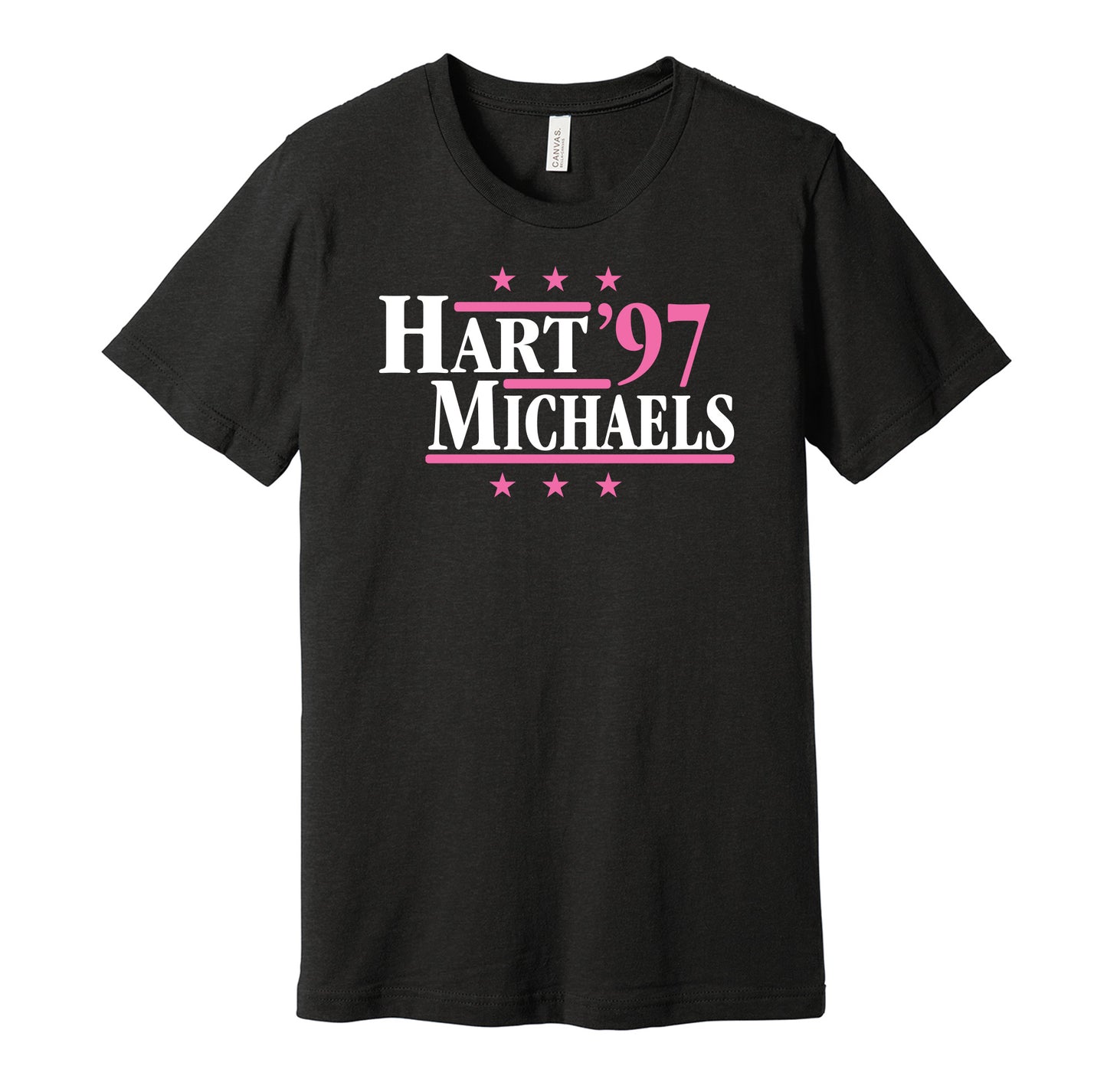 Professional wrestling retro political campaign parody black t-shirt featuring Bret Hart and Shawn Michaels '97, designed in a vintage election style by Hyper Than Hype Shirts.