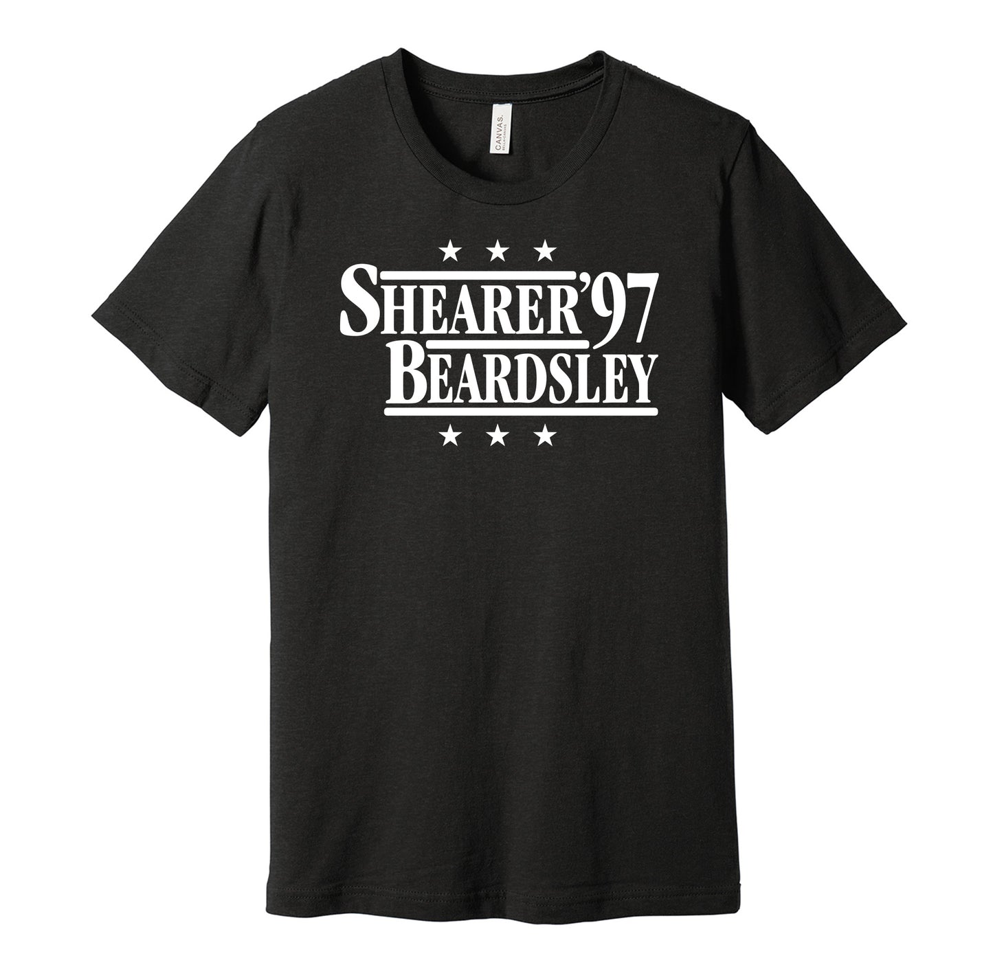 Newcastle United retro political campaign parody black t-shirt featuring Alan Shearer and Peter Beardsley '97, designed in a vintage election style by Hyper Than Hype Shirts.