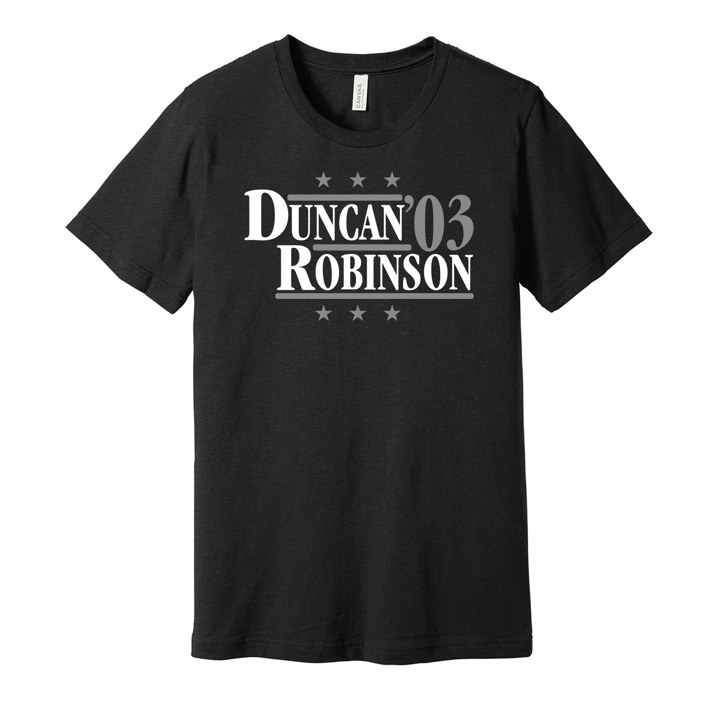 San Antonio Spurs retro political campaign parody black t-shirt featuring Tim Duncan and David Robinson '03, designed in a vintage election style by Hyper Than Hype Shirts.