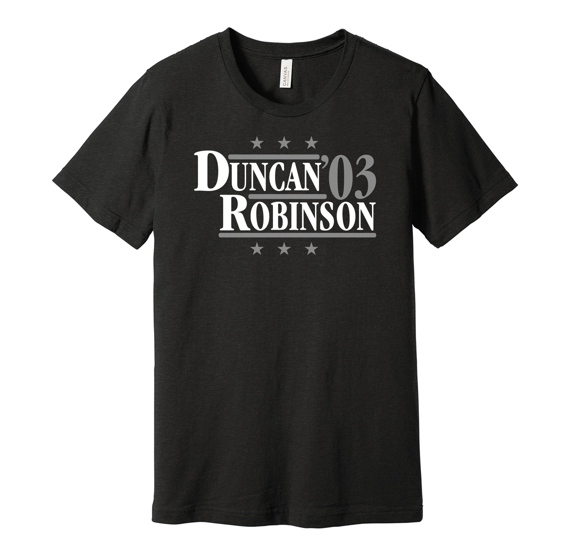 San Antonio Spurs retro political campaign parody black t-shirt featuring Tim Duncan and David Robinson '03, designed in a vintage election style by Hyper Than Hype Shirts.