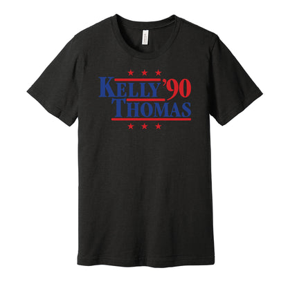 Buffalo Bills retro political campaign parody black t-shirt featuring Jim Kelly and Thurman Thomas '90, designed in a vintage election style by Hyper Than Hype Shirts.