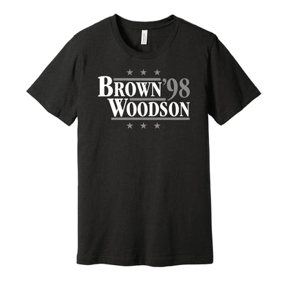 Las Vegas Raiders retro political campaign parody black t-shirt featuring Tim Brown and Charles Woodson '98, designed in a vintage election style by Hyper Than Hype Shirts.