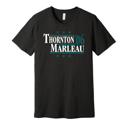 San Jose Sharks retro political campaign parody black t-shirt featuring Joe Thornton and Patrick Marleau '06, designed in a vintage election style by Hyper Than Hype Shirts.