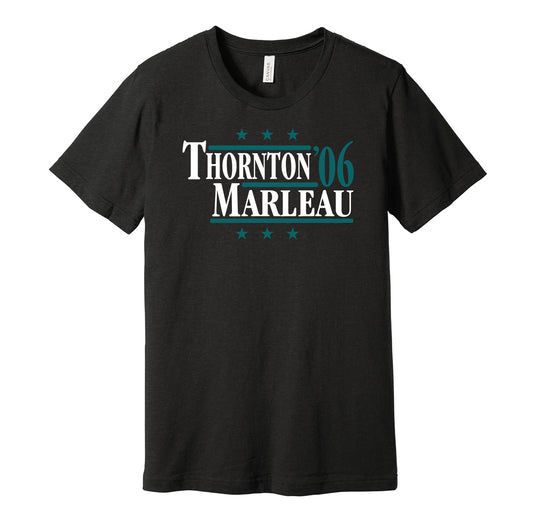San Jose Sharks retro political campaign parody black t-shirt featuring Joe Thornton and Patrick Marleau '06, designed in a vintage election style by Hyper Than Hype Shirts.