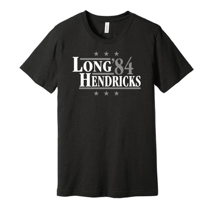 Las Vegas Raiders retro political campaign parody black t-shirt featuring Howie Long and Ted Hendricks '84, designed in a vintage election style by Hyper Than Hype Shirts.