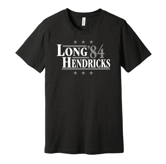 Las Vegas Raiders retro political campaign parody black t-shirt featuring Howie Long and Ted Hendricks '84, designed in a vintage election style by Hyper Than Hype Shirts.