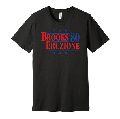 Team USA retro political campaign parody black t-shirt featuring Herb Brooks and Mike Eruzione '80, designed in a vintage election style by Hyper Than Hype Shirts.
