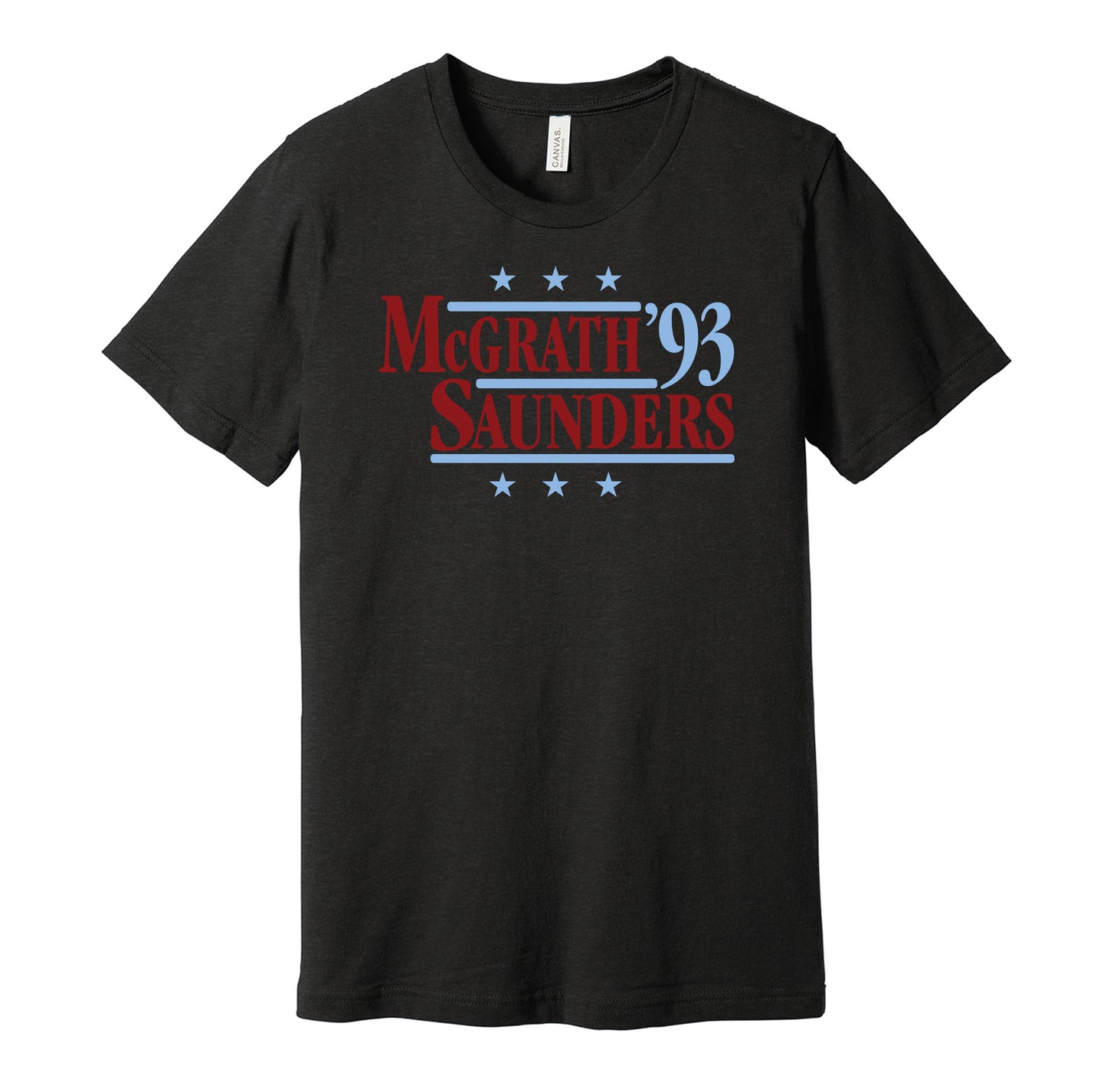 Aston Villa retro political campaign parody black t-shirt featuring Paul McGrath and Dean Saunders '93, designed in a vintage election style by Hyper Than Hype Shirts.