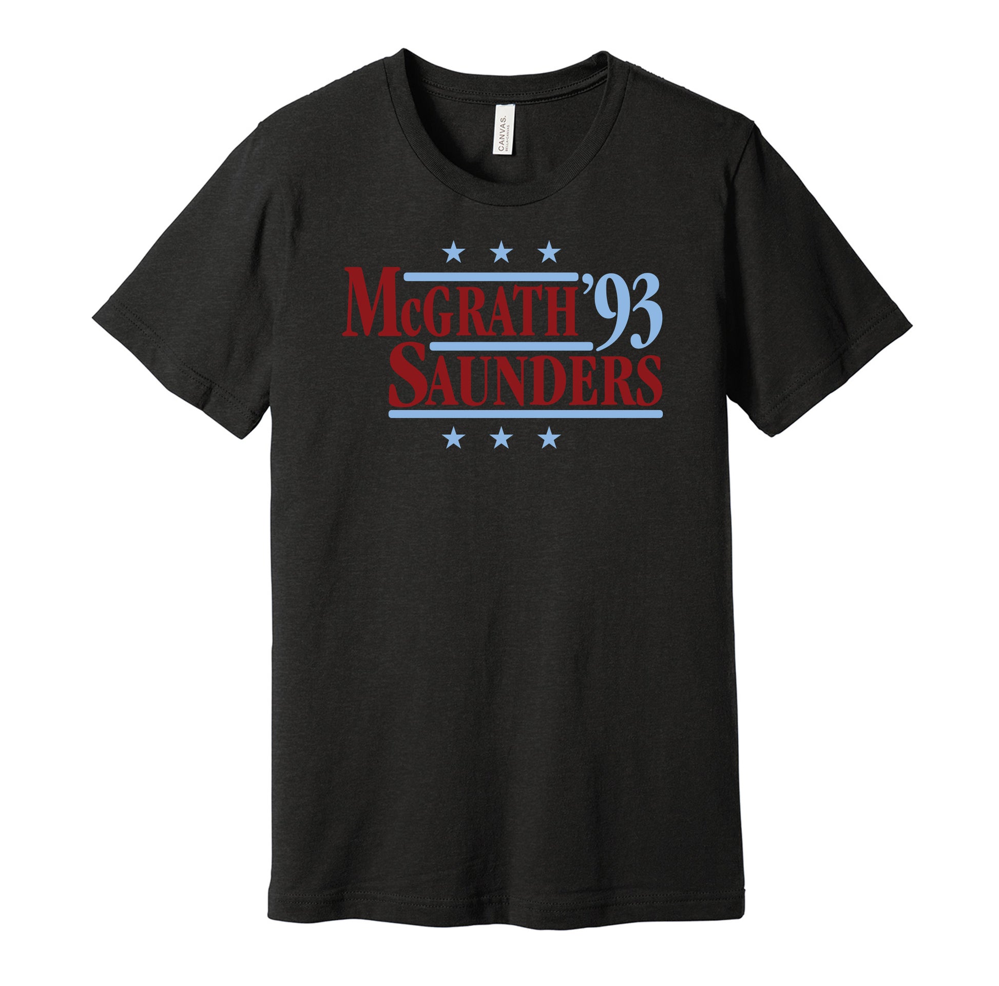 Aston Villa retro political campaign parody black t-shirt featuring Paul McGrath and Dean Saunders '93, designed in a vintage election style by Hyper Than Hype Shirts.