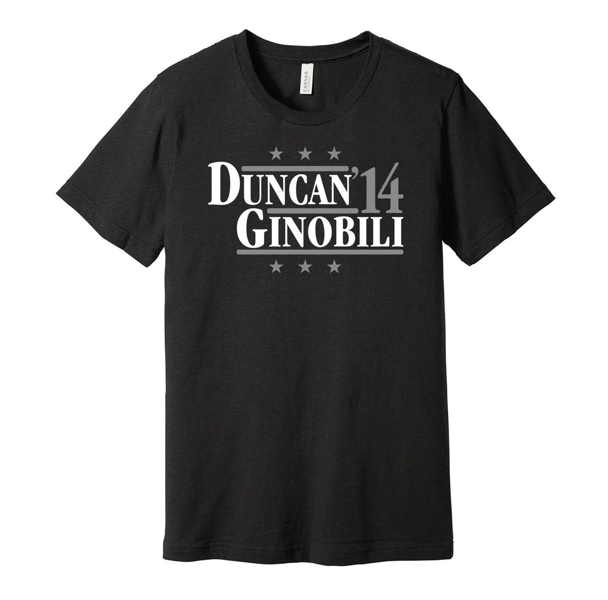 San Antonio Spurs retro political campaign parody black t-shirt featuring Tim Duncan and Manu Ginobili '14, designed in a vintage election style by Hyper Than Hype Shirts.