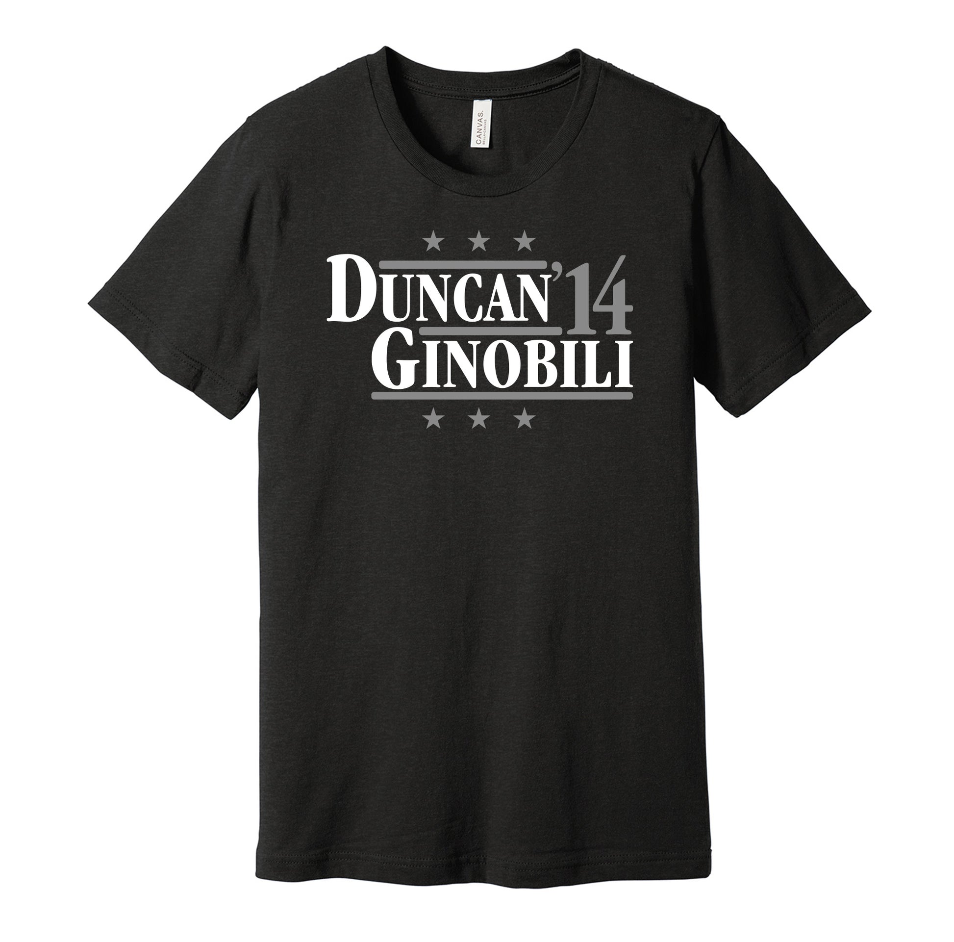 San Antonio Spurs retro political campaign parody black t-shirt featuring Tim Duncan and Manu Ginobili '14, designed in a vintage election style by Hyper Than Hype Shirts.