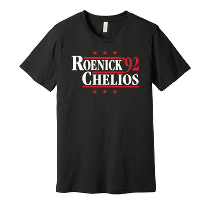 Chicago Blackhawks retro political campaign parody black t-shirt featuring Jeremy Roenick and Chris Chelios '92, designed in a vintage election style by Hyper Than Hype Shirts.