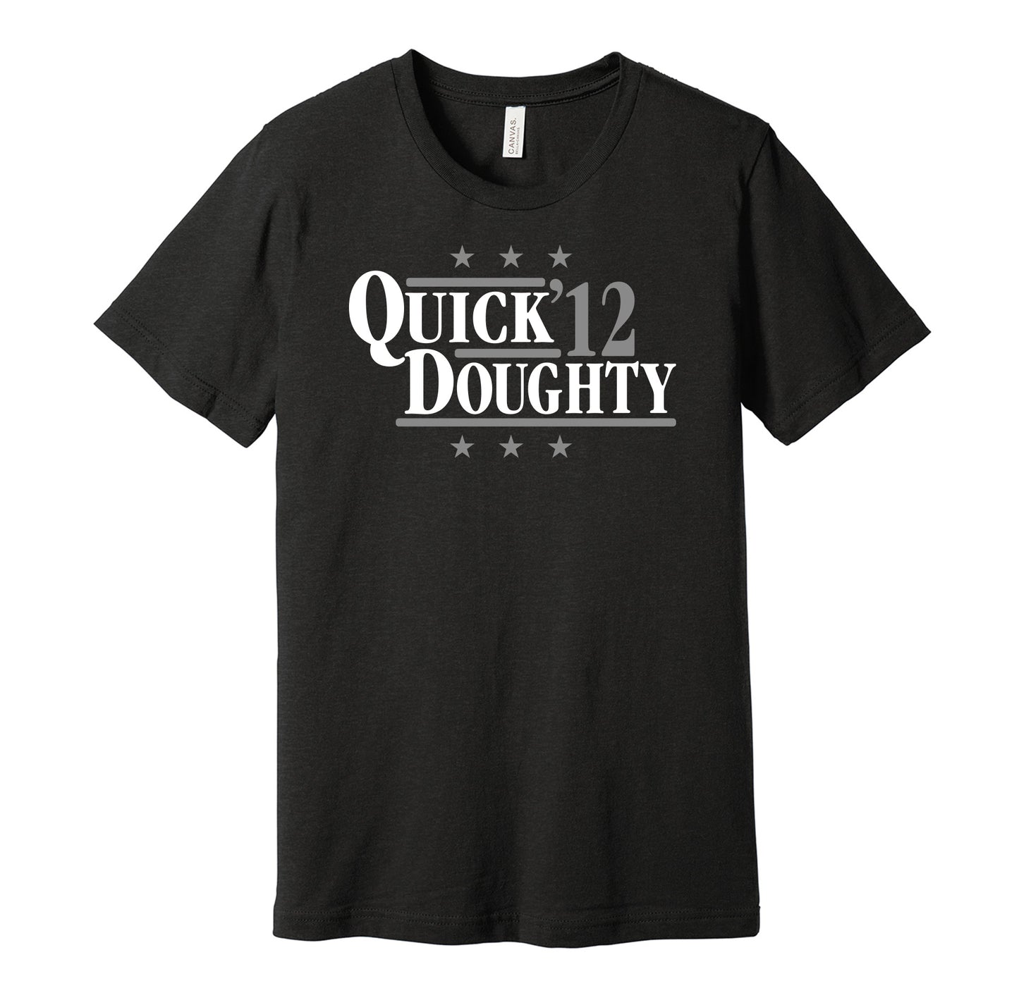Los Angeles Kings retro political campaign parody black t-shirt featuring Jonathan Quick and Drew Doughty '12, designed in a vintage election style by Hyper Than Hype Shirts.