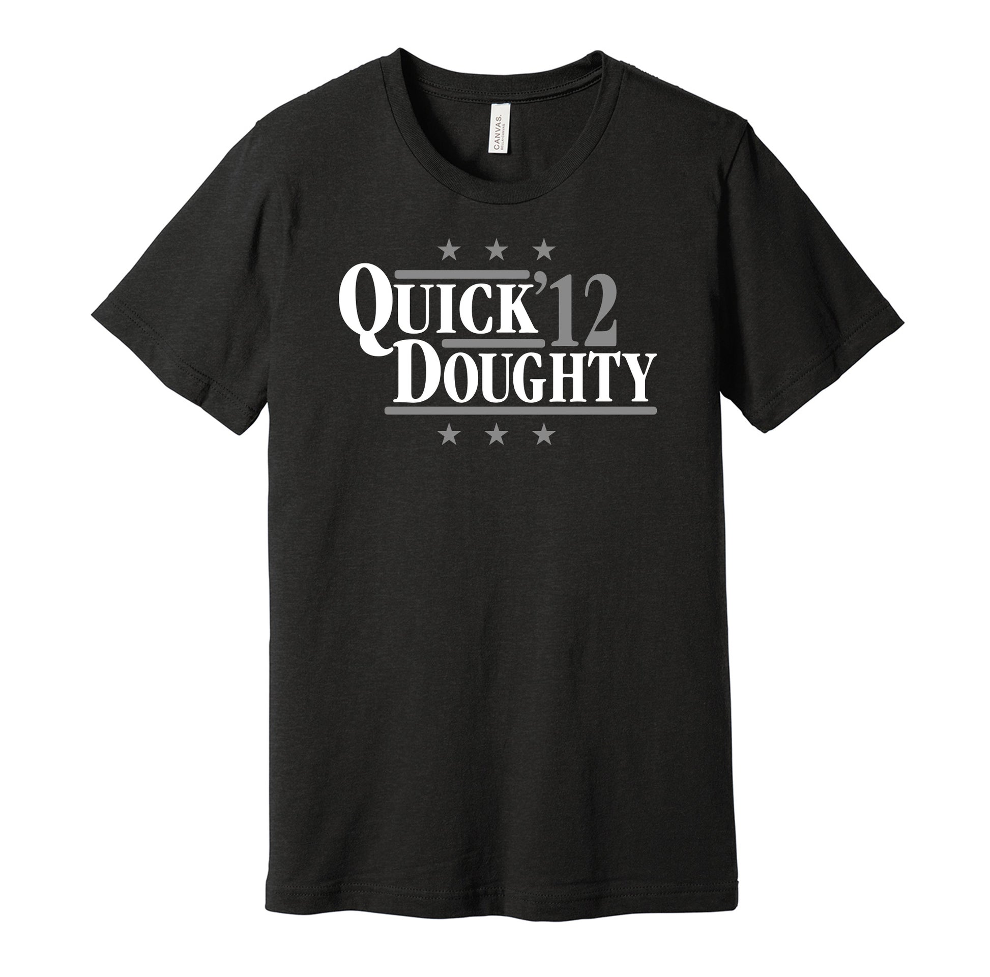 Los Angeles Kings retro political campaign parody black t-shirt featuring Jonathan Quick and Drew Doughty '12, designed in a vintage election style by Hyper Than Hype Shirts.